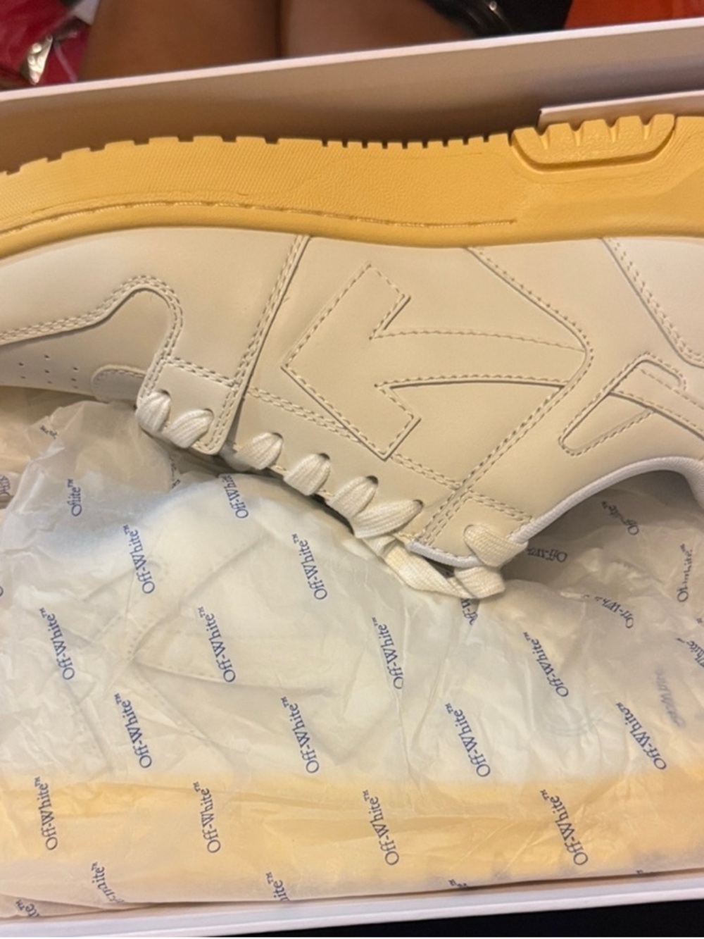 Off-White Cream Leather Sneaker with Yellow Sole